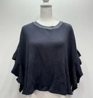 BUCKETLIST Navy Blue Waffle Knit Raw Edge Flutter Sleeve Slouchy Cropped Top NEW thumbnail 4
