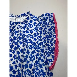 THML Anthropologie XL Blue White Floral Tiered Babydoll Dress Pink Pom Pom Trim thumbnail 8