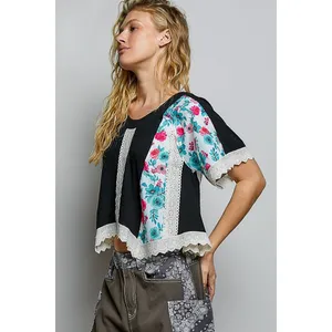 POL Round Neck Ribbed‎ Cropped Top with Lace Detail - Medium thumbnail 3