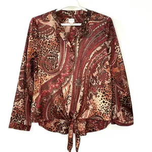 CHICOS Paisley Satin Sequin Neck Blouse Size 2 US 12 Tie Hem Blouse Top Dressy thumbnail 1