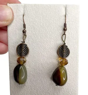Natural Stone & Antiqued Brass Swirl Amber Faceted Bead Dangle Pierced Earrings thumbnail 4