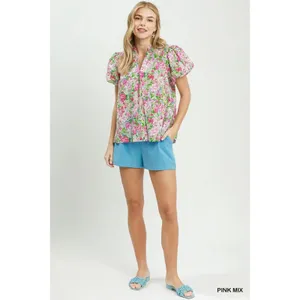 Umgee‎ Floral Puff Sleeve Blouse - Pink mix - Small thumbnail 5