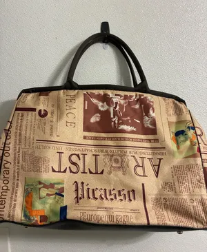 Women's Newspaper Print Tote Bag in Beige and Brown thumbnail 1
