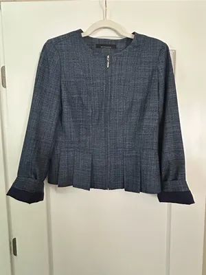White House Black Market Peplum Pleated Hem Jacket Blue Crosshatch thumbnail 4