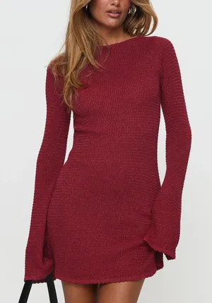 Princess Polly Long Sleeve Knitted Mini Dress Red thumbnail 1