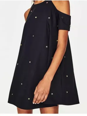 Zara navy blue cold shoulder poplin dress beaded detail XS thumbnail 2