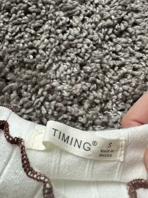 Timing Two-Tone Ribbed Long-Sleeve Top in Beige, White & Brown Trim thumbnail 4