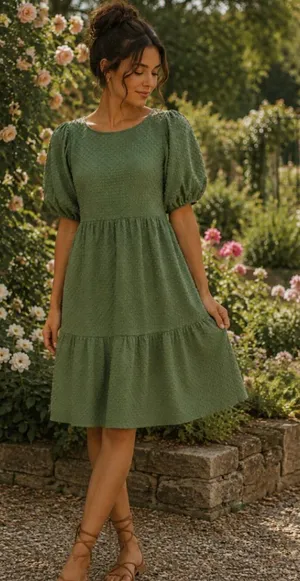 J Crew Factory Clip-Dot Dress in Green Short Sleeve Midi Size S Prarie Chic Soft thumbnail 1