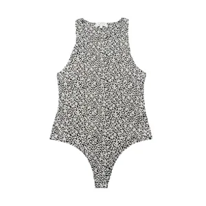 Leopard Print Bodysuit Large Sleeveless Stretch Snap Bottom Gray thumbnail 2