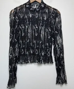 Free‎ People Women Whimsigoth Nylon Mesh Top Large Black Abstract Smocked Party thumbnail 1