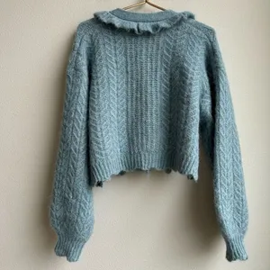 Zara Alpaca Blend Blue Ruffle Button Front Knit Puff Sleeve Sweater Size Small thumbnail 6