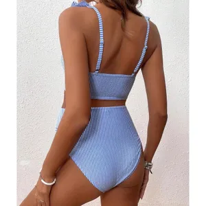 NWT Floerns Maternity Striped Ruffle V Neck 2 Pc Bathing Suit Blue White Small thumbnail 2