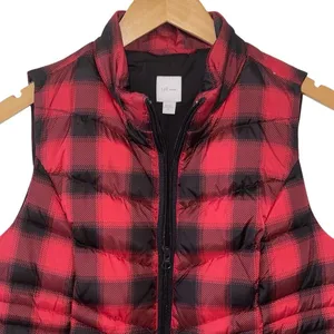 J. Jill Womens Buffalo Plaid Full Zip Quilted Puffer Long Down Vest Red Black XS thumbnail 3