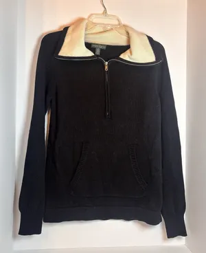 Lauren Jeans Co Ralph Lauren Sweater L Black Cream Cotton 1/4 Zip Pullover thumbnail 1
