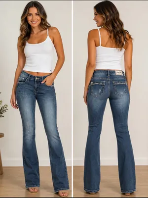 Mid-Rise Embellished Pocket Flare Jeans in Medium Blue thumbnail 2