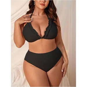 Boutique Black 3 Piece Plus Size 1XL Lettuce Trim Bikini Halter Triangle Swimsuit w/ Wrap thumbnail 4