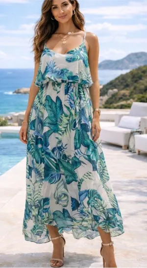 Elena Baldi Old Money Quiet Luxury Boho Green Floral Flowy Maxi Dress S thumbnail 1