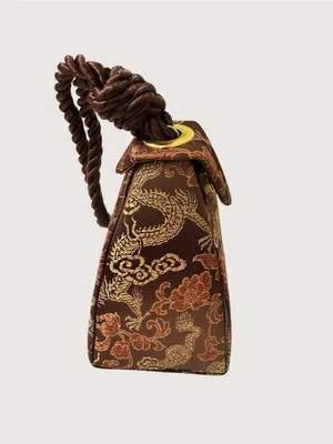 VTG Asian Brocade Dragon Knot Handle Handbag Brown Satin Mini Evening Bag Clutch thumbnail 5