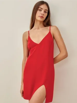 Reformation Marlowe Slip Dress Red V-Neck Spaghetti Strap Mini Slit Womens Sz S thumbnail 3