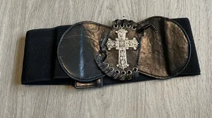 Black Women's Stretch Waist Belt with Silver Cross Accent thumbnail 1