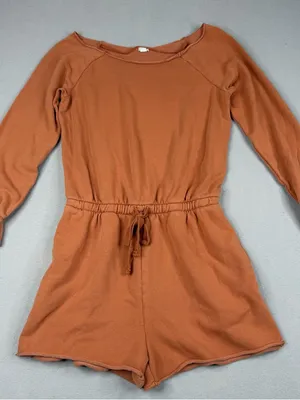 Aerie Romper Womens S Rust Brown Long Sleeve Drawstring Waist Soft Knit Lounge thumbnail 1