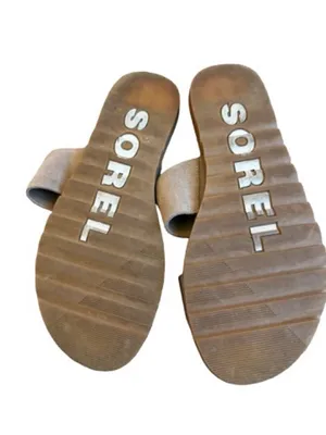 Sorel Gray Gold Two Strap Slide Sandals Suede Metallic Minimalist Size 6 Women's thumbnail 2