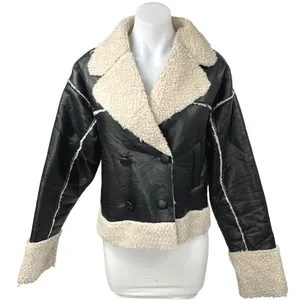 Nasty Gal Black Vegan Faux Leather Fleece Double Breasted Aviator Coat Jacket 4 thumbnail 1