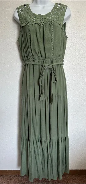 Figueroa & Flower Olive Lace Crochet Yoke Maxi Dress with Tie Waist Size M thumbnail 1