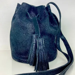 STREET LEVEL Leather Crossbody Bucket/Hobo Bag in Black thumbnail 2