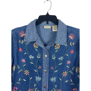 VTG 90s Bobbie Brooks Embroidered Floral Mixed Denim Shirt Button Up L Boho thumbnail 2