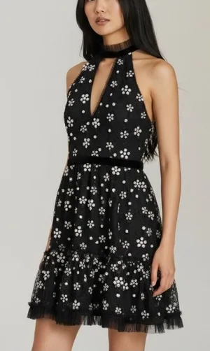 Alexis Poppy Sequin Floral High Neck Mini Dress thumbnail 1