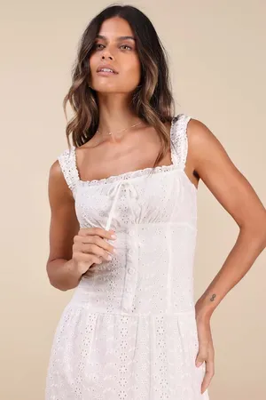 New Lulus Nerissa White Eyelet Embroidered Ruffled Drop Waist Midi Dress Size XS thumbnail 3