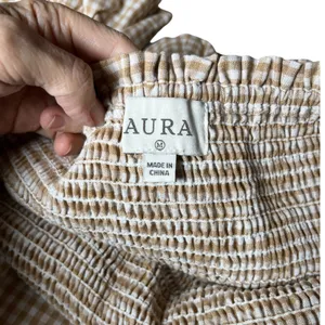 AURA Gingham Smocked Square Neck Midi Dress Beige White Puff Sleeve‎ Belted M thumbnail 4