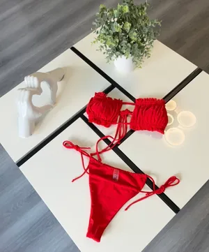 Red Boho Style Ruched Crop Top Bikini Set - Adjustable Straps - Size Small thumbnail 3