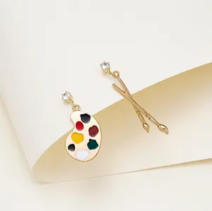 Asymmetrical Artist Earrings- Gold Art Palette Painter Paint Brush Jewelry Gift thumbnail 2