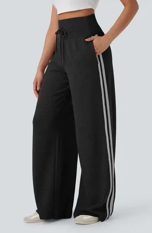 Halara Ribbed High Waisted Tummy Control Drawstring Wide Leg Trousers Black S thumbnail 1