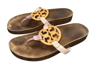 Tory Burch Miller‎ Cloud Sandals Women 9 Beige Yellow Fair Logo Cork Slides thumbnail 1