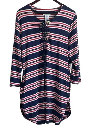 La Blanca Women Sailor Striped Dress L Lace‎ Up Nautical Coastal Preppy Resort thumbnail 1