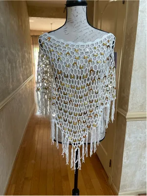 Fringe Sequin Crochet Fishnet Poncho by Velvet Vandal Natural White Sz L Boho thumbnail 4
