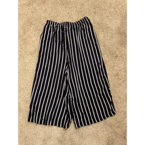 Uniqlo Navy White Striped Cropped Wide Leg Pants Drawstring Elastic Waist, M thumbnail 6