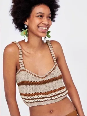Zara Knit Crochet Crop Top Brown Tan Size S thumbnail 1