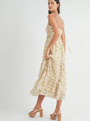 Floral print double self tie spaghetti strap tiered midi dress. Medium thumbnail 6