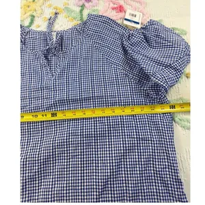 Leo & Nicole Blue‎ Gingham Cotton Blouse 3/4 Puff Sleeve Tie Neck Top Xl NEW thumbnail 6