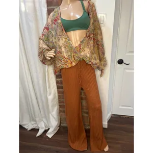 SNDYS Hendrix Ribbed Knit Drawstring Pants Burnt Orange Wide Leg Lounge Pants M thumbnail 6