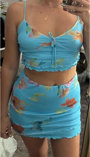 SheIn Baby Blue Vacation Mesh Two Piece Set With Floral Design Tropical thumbnail 2