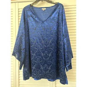 Avenue Royal Blue Burnout Velvet Floral V Neck Long Sleeve Tunic Top Plus‎ 18 20 thumbnail 2