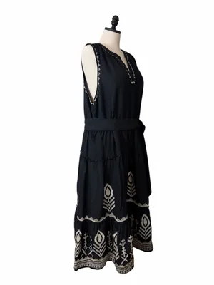 Soft Surroundings Embroidered Tiered Midi Dress Size 2X Linen Blend Belted Black thumbnail 4