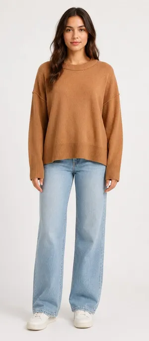 Aerie Oversized Crew Neck Sweater Camel Brown Large thumbnail 1