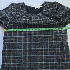 LOFT -289 Plaid Short‎ Sleeve Ruffle Shimmer Blouse Top Black Tan White Small thumbnail 7