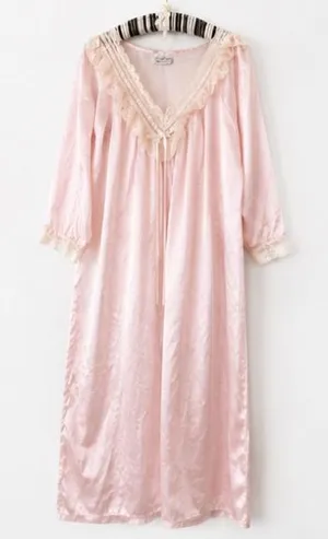 Vintage-Inspired Lace Trim Pink Satin Nightgown thumbnail 1